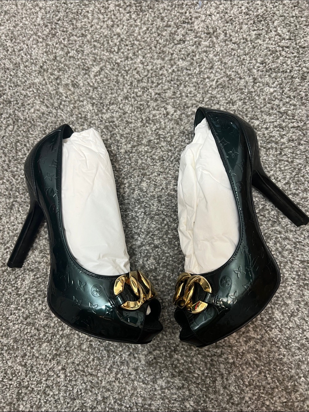 Louis Vuitton Green Patent Peep-Toe Heels with Gold Chain Embellishment